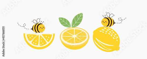Lemon icons set with cute bee cartoon isolated on white background vector illustration.