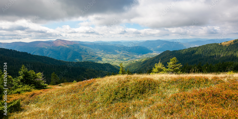 mountainous landscape in autumn. grass on the hill. view in to the distant mountain in morning light. wonderful nature scenery in autumn. clouds on the sky above the ridge
