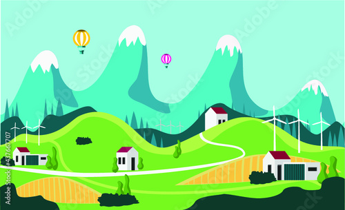 Een illustrator van landscape of Nature whit buildings and windmill