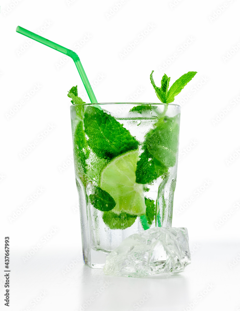 Glass with mojito cocktail and piece of crushed ice, isolated on white background. Glass with mojito cocktail and piece of crushed ice, isolated on white background.