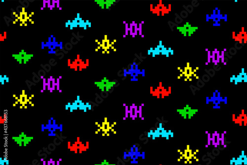 Colorful set of  pixel spaceships on black. Vintage vector design. Retro video games seamless pattern.