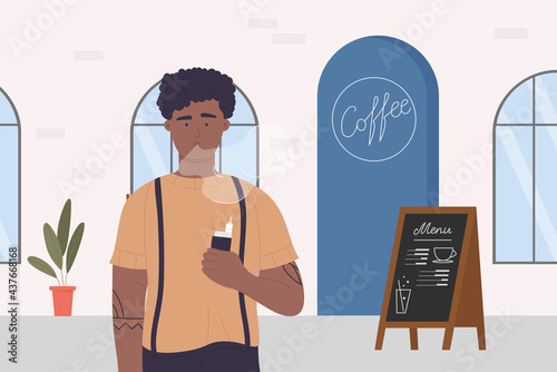 Young man smoking vape in cafe vector illustration. Cartoon guy smoker addict character vaping with smoke clouds, holding vapor electronic cigarette in hand, smoking addiction problem background