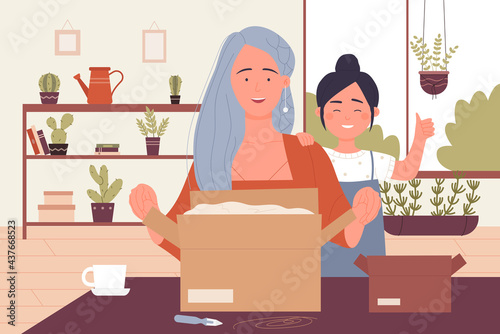 People unpack open postal package, happy family pack parcel box vector illustration. Cartoon mother and daughter characters opening unpacking unboxing surprise cardboard box in living room interior