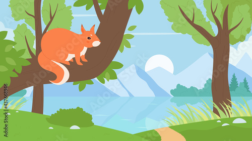 Squirrel sitting on tree branch in forest nature vector illustration. Cartoon cute squirrel wild animal playing in summer foliage tree, calm woodland scenery with lake and mountains natural background © Flash Vector