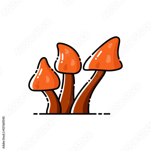 Group of orange mystical poisonous mushrooms on white isolated background.