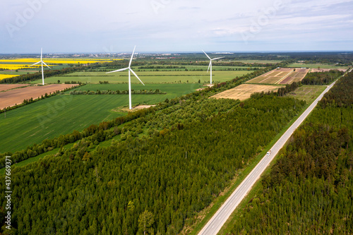 aerial view of wind turbines farm, sustainable and clean electric power, future of renewable energy