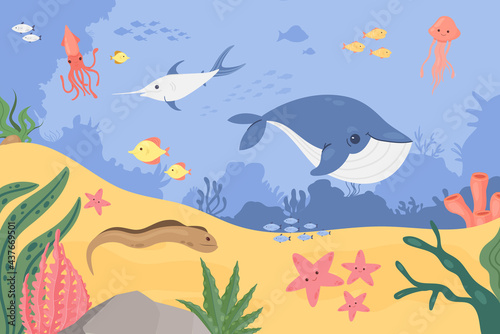 Underwater marine landscape, sea ocean bottom with fishes animals vector illustration. Cartoon cute undersea wildlife, whale swordfish squid eel starfish tuna swim deep in tropical sea background