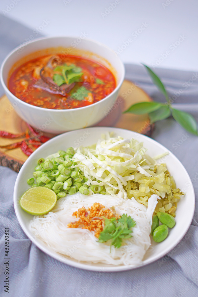 Nam Ngiao Rice Noodle, Traditional spicy rice noodle soup from Northern of Thailand
