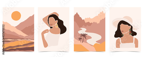 Collection of contemporary background set with woman,mountain,sun.Editable vector illustration for website, invitation,postcard and poster