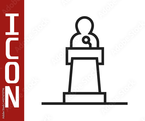 Black line Speaker icon isolated on white background. Orator speaking from tribune. Public speech. Person on podium. Vector