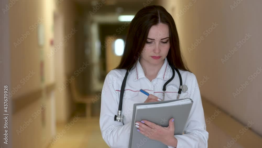 Portrait of Confident Female Doctor in medical Uniform noting clinicall records standing in corridor. Medical workers. Portrait of Confident Female Doctor in medical Uniform noting clinicall records standing in corridor. Medical workers.