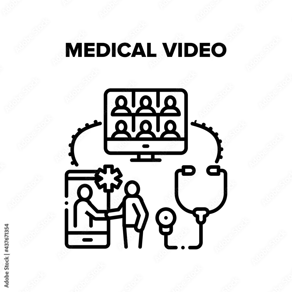 Medical Video Conference Vector Icon Concept. Medical Video Call Meeting And Online Remote Patient Consultation And Examination. Doctor Face Time Communication With Sick Black Illustration