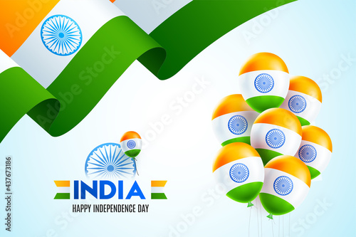 15th of August Independence Day of India with wavy flag design and belloons on sky blue background photo