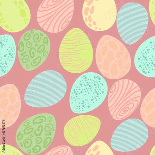 Seamless pattern of dinosaur eggs. Easter print in apostolic tones. Cute prehistoric animal. Bright children's print. Vector illustration on a white background