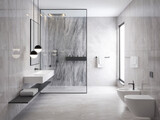 3d rendering of a grey minimal stone bathroom with a shower cabin and a toilet