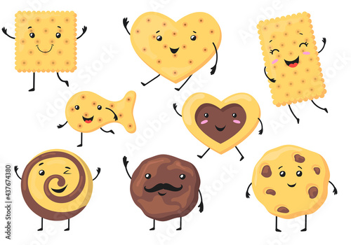Cute biscuit characters vector illustrations set. Funny smiling cookies and crackers of different shapes, square, circle, fish, heart isolated on white background. Food, desserts, snacks concept