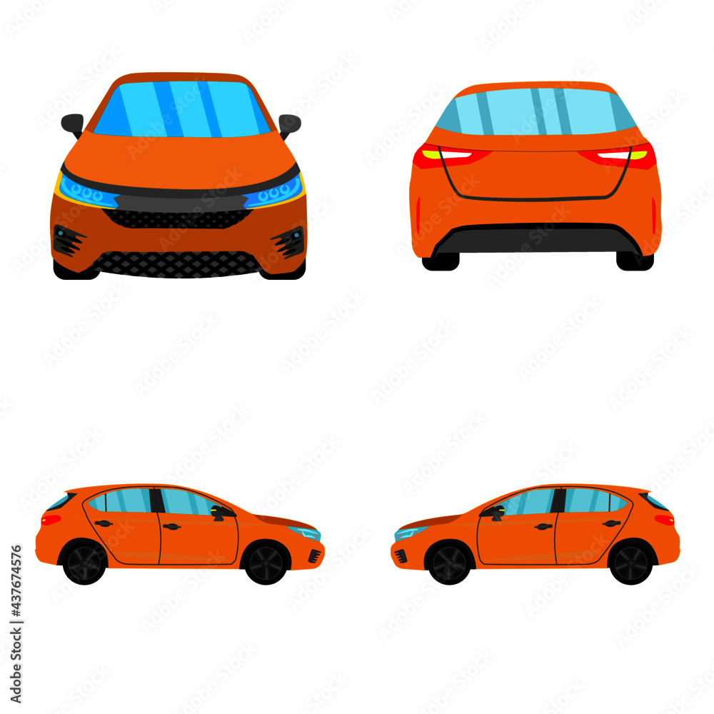 set of orange hatchback car on white background