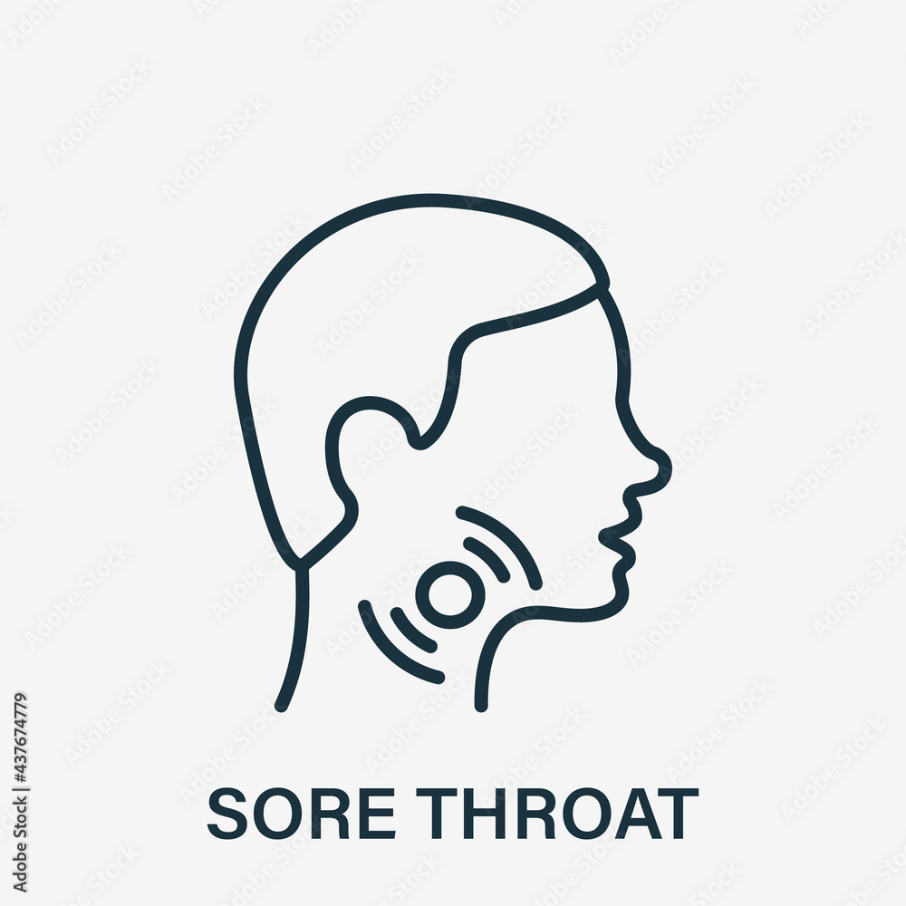 Sore Throat Line Icon. Painful Sore Throat Linear Icon. Male head in Profile Pictogram. Symptom of angina, flu or cold. Editable stroke. Vector illustration