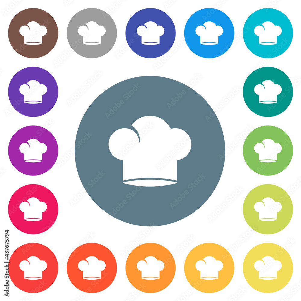 Chef hat flat white icons on round color backgrounds