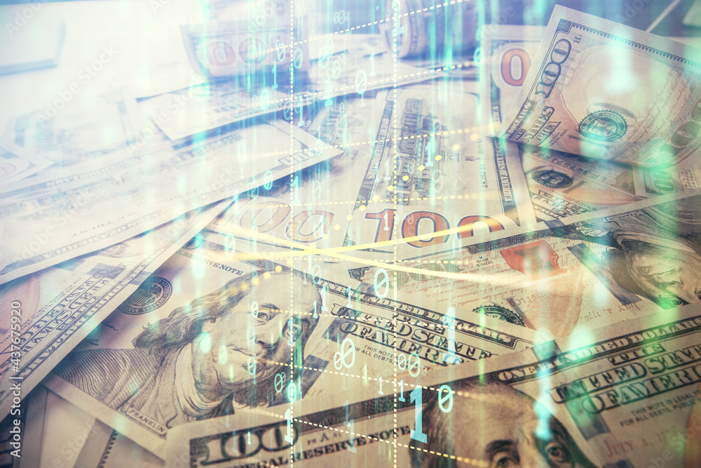 Double exposure of data theme drawing over us dollars bill background. Technology concept. Double exposure of data theme drawing over us dollars bill background. Technology concept.