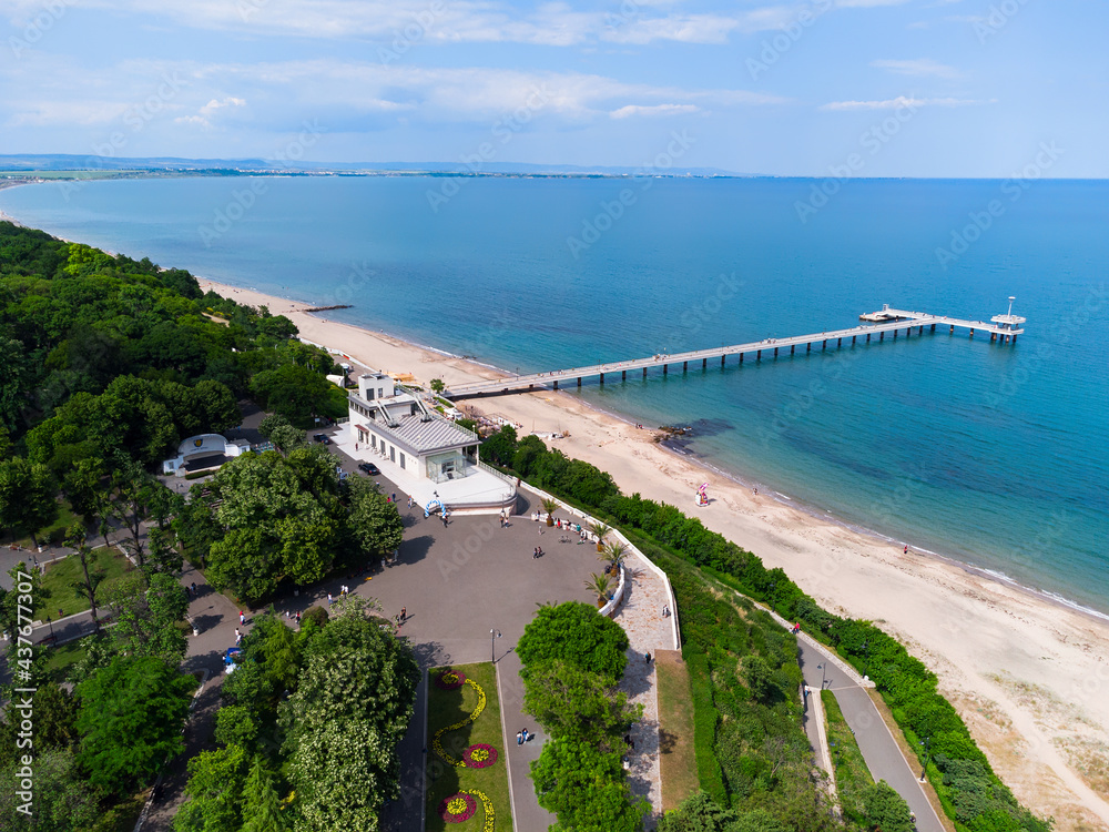 Aerial view of the Sea Casino Cultural center and Burgas bridge. Beautiful aerial seascape of Burgas bay and the sea garden, Bulgaria Aerial view of the Sea Casino Cultural center and Burgas bridge. Beautiful aerial seascape of Burgas bay and the sea garden, Bulgaria