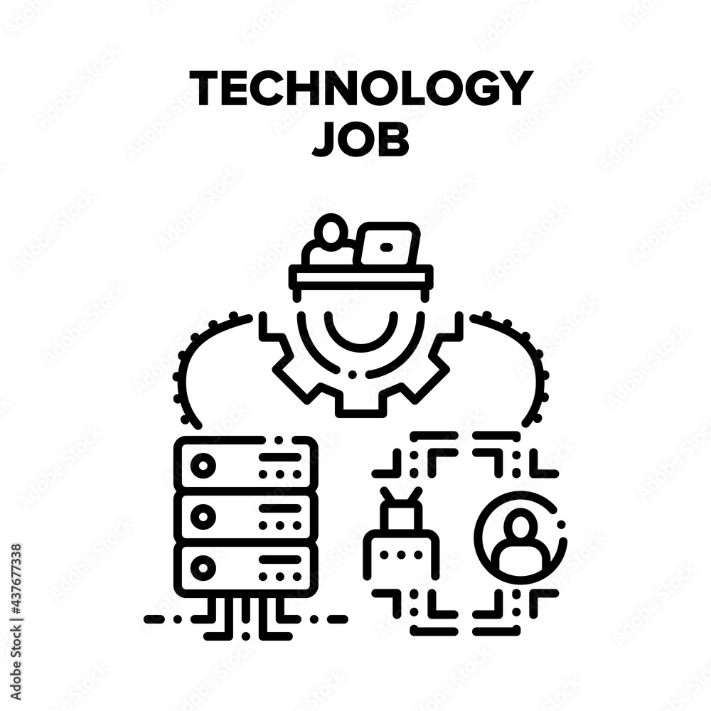 Technology Job Vector Icon Concept. Programmer It Worker Developing Software Code On Computer At Working Desk, Programming Robot And Support Server Technology Job Black Illustration Technology Job Vector Icon Concept. Programmer It Worker Developing Software Code On Computer At Working Desk, Programming Robot And Support Server Technology Job Black Illustration