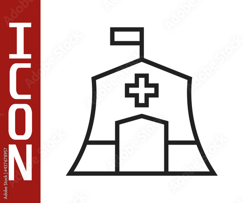 Black line Emergency medical tent icon isolated on white background. Provide disaster relief. Vector