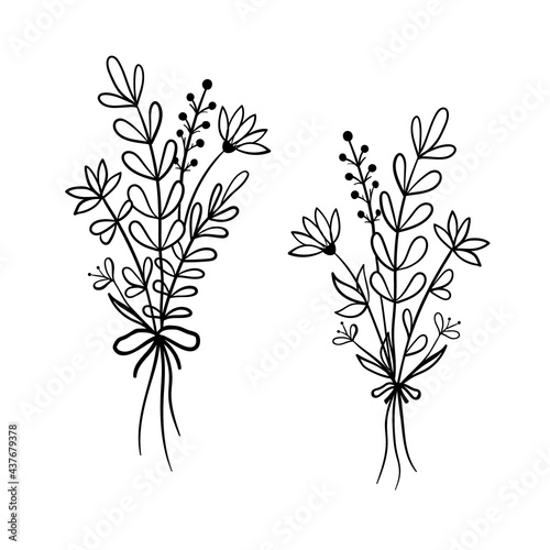 Set of wildflowers in doodle style. Vector sketch illustration of bouquet of flowers with bow.