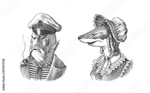 Fish man sailor with a pipe. Fish victorian lady. Woman in hat and suit. Mariner in a cap and vest. Fashion animal character. Hand drawn sketch. Engraved illustration for and T-shirts or tattoo.