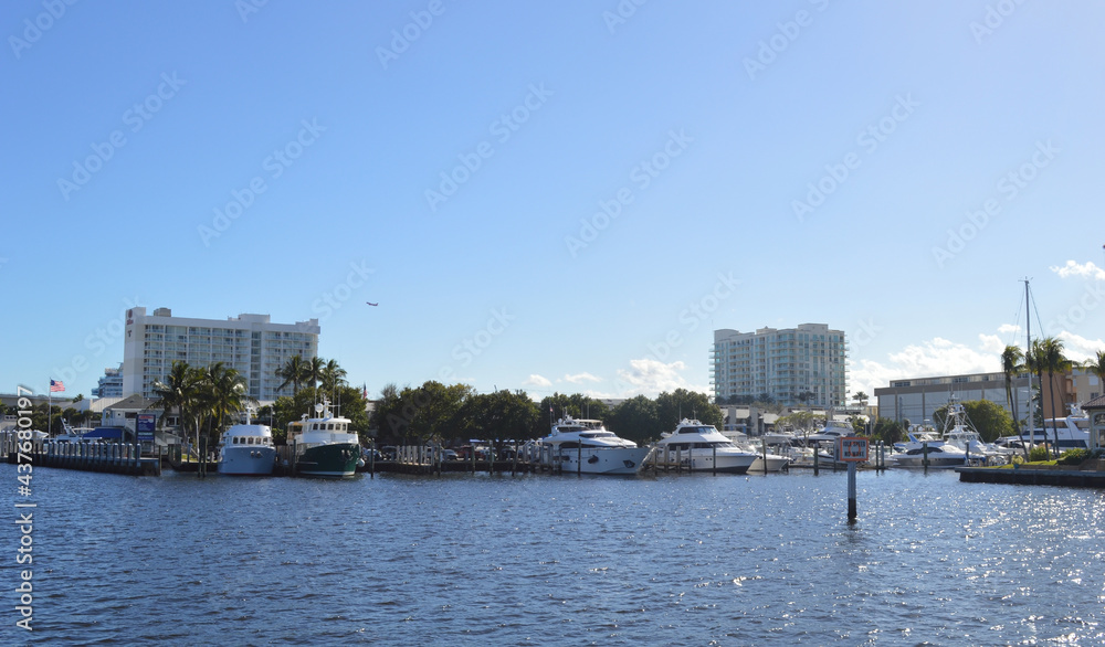 Private yachts docking on the shore of Fort Lauderdale canals, Florida, USA