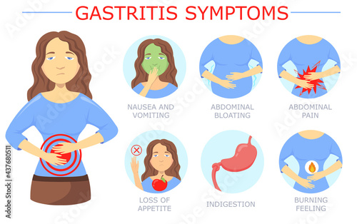 Woman with gastritis vector illustrations set. Digestive system disease symptoms, vomiting and nausea, stomach pain, indigestion isolated on white background. Gastritis, medicine, health concept
