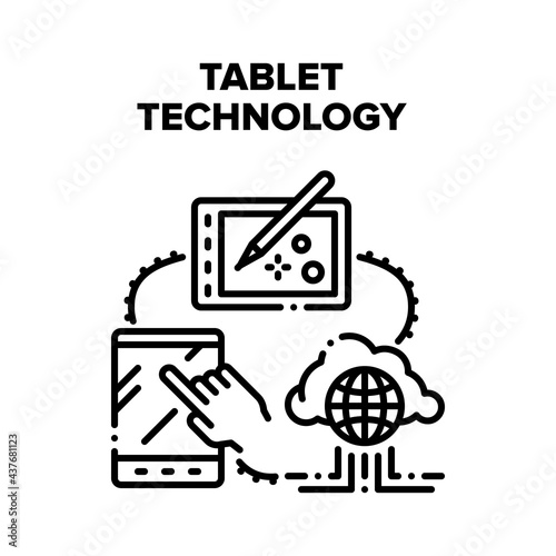 Tablet Technology Device Vector Icon Concept. Digital Tablet Technology With Cloud Storaging Service For Drawing Images And Communication. Portable Electronic Computer Black Illustration
