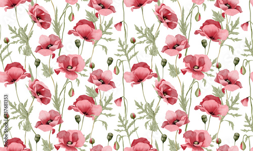 Hand drawn watercolor seamless pattern with meadow wild flowers. Red Poppy flowers pattern