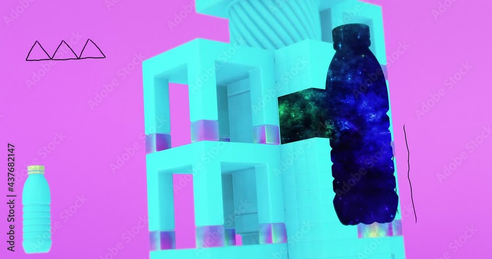 Creative Minimal 3d art. Animated stylish objects bottle in geometric abstract space. Trendy color combination, dynamics, Loop motion, 4k video.