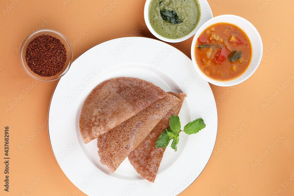 Ragi Dosa, finger millet Dosa, pan cake of finger millet flour healthy home made breakfast dish