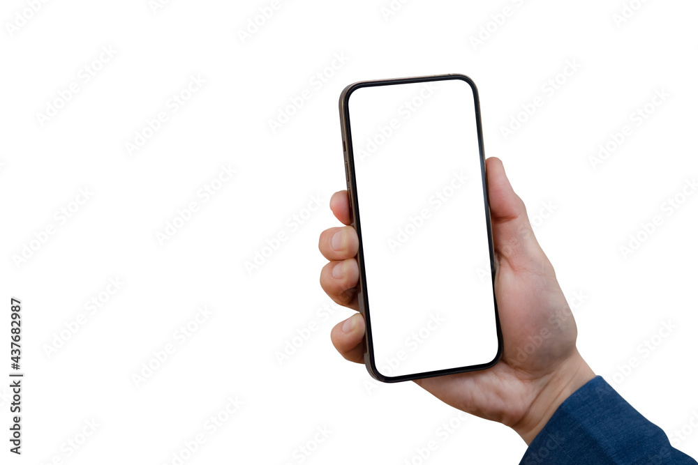 Isolated hands and smartphone on white background, Mockup image of hand  holding mobile phone, man hand holding modern black phone in vertical  position, clipping path Photos | Adobe Stock