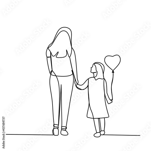 Mom and daughter walking together holding balloons continues line drawing. Mother's day concept. Vector illustration 