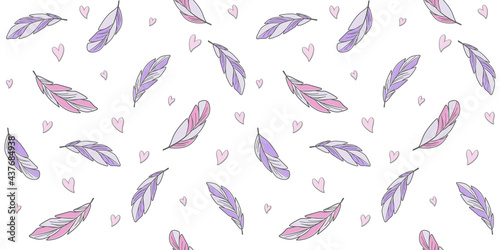 Violet and pink feathers on a white background with small heart. Endless texture with abstract bird feathers. Vector seamless pattern for wallpaper, wrapping paper, packaging, wrapper, surface texture