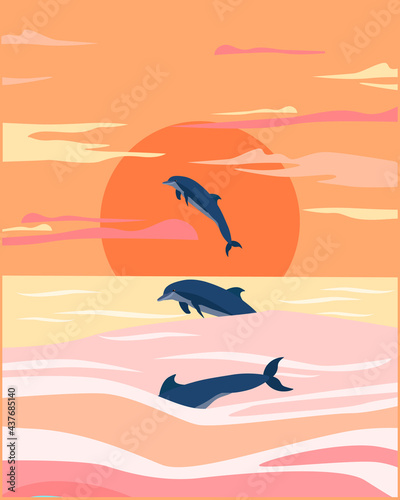 Dolphins at sunset vector minimalist poster design