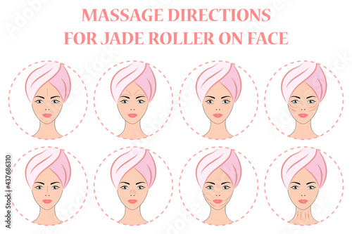 Beauty girl take care of your face and use a facial roller. Facial massage is a concept of skin care and relaxation. Chinese massage with gouache stones. Massage lines for the face, vector illustratio