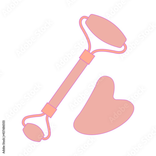 Flat vector set made of rose quartz, consisting of a roller face massager and gua sha. Tools for skin care and tone enhancement, isolated on a white background.