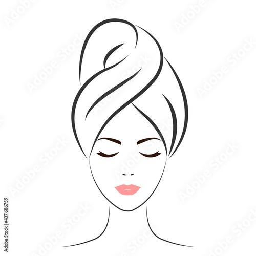 A young woman wearing a towel on her head. Hand drawn portrait of a beautiful woman. Sketch. Vector illustration. Spa beauty concept. A line of girls isolated on a white background.