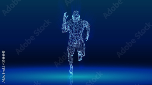 3D rendering running man from lines.point connecting network on blue background.