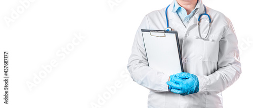 Female doctor with stethoscope, rubber gloves and document folder isolated on white background. Free space for your text