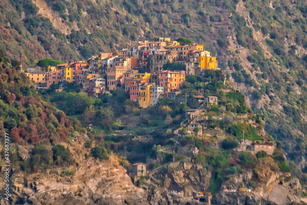 Corniglia, Colorful cityscape on the mountains over Mediterranean sea in Cinque Terre Italy