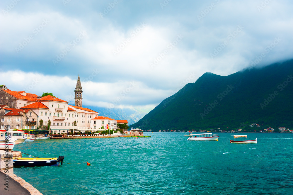 Perast town in Kotor bay, Montenegro. Beautiful summer landscape. Famous travel destination.