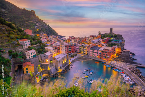 Vernazza, Colorful cityscape on the mountains over Mediterranean sea in Cinque Terre Italy