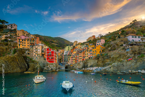 Riomaggiore, Colorful cityscape on the mountains over Mediterranean sea in Cinque Terre Italy