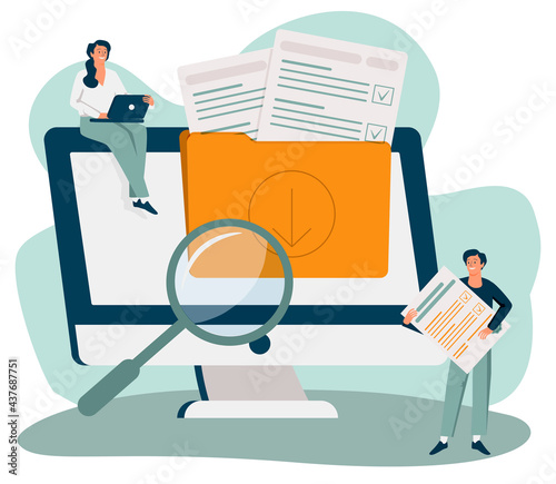 Office workers organizing data storage and file archive on server or computer. PC users searching documents on database. Vector illustration for information technology, source concept