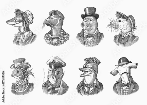 Dolphin and Great hammerhead shark. Fur seal man in military uniform. White Mouse Woman. Marine mammal gentleman. Fashion animal character. Hand drawn sketch for and T-shirts or tattoo. 